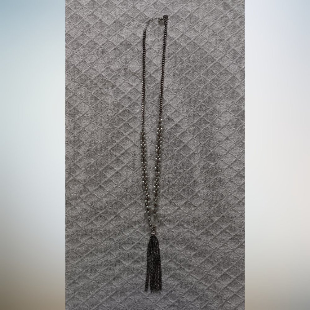 White House Black Market Long Fashion Necklace Silver with Pearls